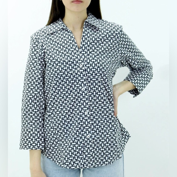 FOXCROFT Black and White graphic print 3/4 Sleeve Button Down Shirt size M - Picture 1 of 14